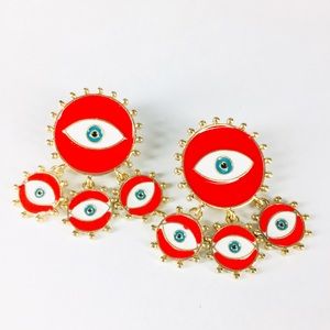 Evil Eye Dangle Earrings Gold with Red Blue Enamel